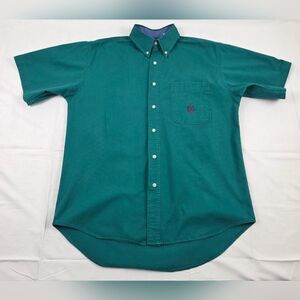 Bugle Boy Shirt Mens Medium Green Short Sleeve Button Down Solid B Logo Vintage